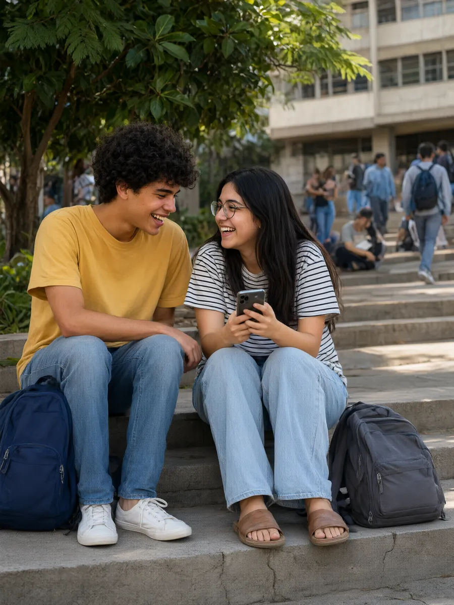 Dois amigos sentados na escada da universidade riem enquanto ela segura o celular.