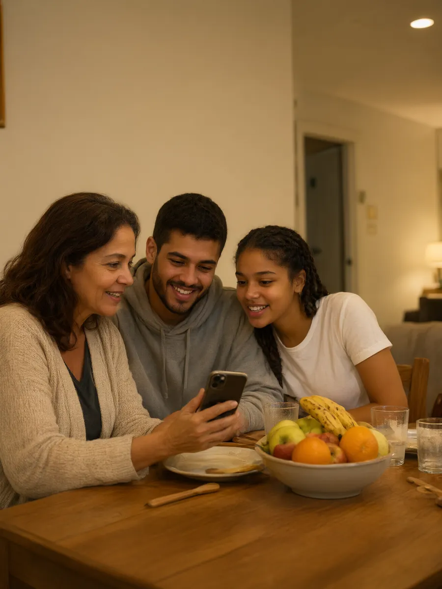 Mãe mostra o celular aos dois filhos adultos na mesa de jantar, os três sorrindo.