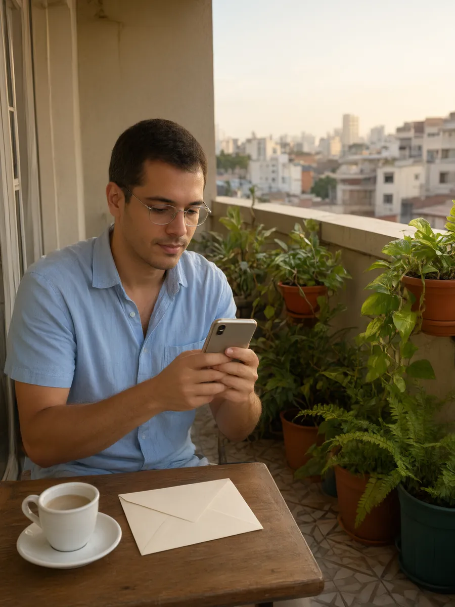 Homem de óculos na varanda do apartamento lê o celular, com uma xícara de café e um envelope na mesa.