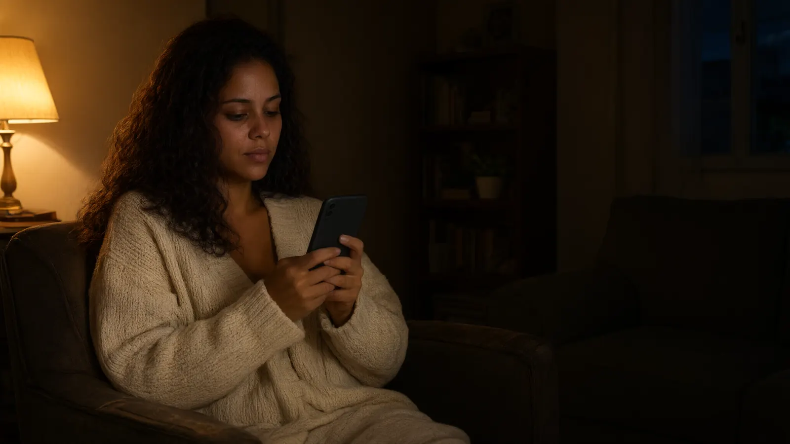 Mulher sentada na poltrona à noite, à luz de um abajur, olha o celular.