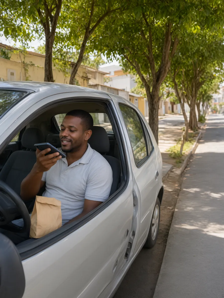 Homem sentado no carro estacionado fala com o celular perto da boca, com a sacola do almoço ao lado.